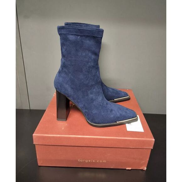 NEW Torgeis Womens Katya Boots Blue Faux Suede Sock Bootie Stacked Heels 7 - Picture 2 of 3